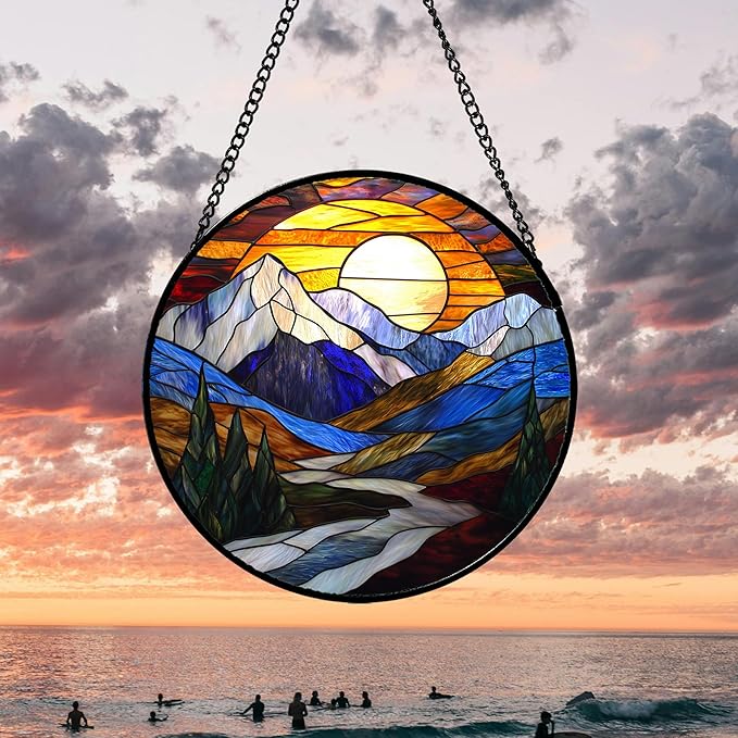 AMDERVEN Stained Glass Window Hanging, Yellow Blue Sunset Mountains Scenery Sun Catcher for Window Home Decor Landscape Suncatcher Mother's Day Birthday Gifts for Women Men Mom and Nana 11.8 in