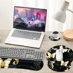 Keyboard Wrist Rest and Mouse Pad Wrist Support Set with Coasters,Non-Slip PU Base Ergonomic Gaming Mousepad for Home Office Working Studying Easy Typing & Pain Relief,Silver Golden Butterfly
