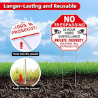 NO Trespassing Signs Private Property Video Surveillance Sign, Large 4-Pack 10"x10" Double-Sided Signs, Corrugated Plastic, Metal Stakes, Outdoor Yard Sign for Home and Front Door Land, and Garden, Lawn