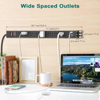 QBA 8 Outlet Metal Power Strip with USB C PD 20W, Heavy Duty Wide Spaced Outlets, Wall Mount for Home Office Garage Workshop, 6ft Cord, Black