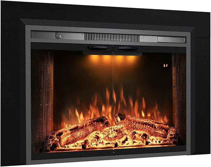 Velaychimny 49" Electric Fireplace Insert with Metal Trim Kit, Adjustable Flame, Fire Crackling Sound, Top Light Colors, Timer, Glass Door & Mesh Screen, Black