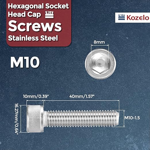 Kozelo 10pcs Socket Head Cap Screws - [M10-1.5 x 40mm] 304 Stainless Steel Allen Socket Drive for Electrical Motor 3D Printing Fan Engine Replacement Use, Silver