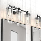 PHIXART Bathroom Lighting Fixtures Black and Chrome Bathroom Vanity Light with Cylindrical Clear Stripes Glass Lampshade E26 Socket Base Bathroom Lighting Fixtures Over Mirror (3 Lights)