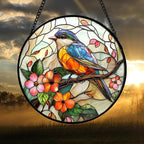 DASTOLL Stained Glass Window Hanging, Blue Bird Pink Flower Suncatcher Diamond Glass Panel Bird Sun Catchers Decor for Birthday for Women, Men, Wife, Aunt, and Mom 14.9x14.9 in
