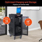 Aokleo Laptop Charging Cart,16 Devices Tablet Storage Carts for pad Up to 16.3" Screen Size, Classroom Computer Mobile Charging Station for Pads, Chromebooks,Laptops, Security Storage(16 Bay-Black)