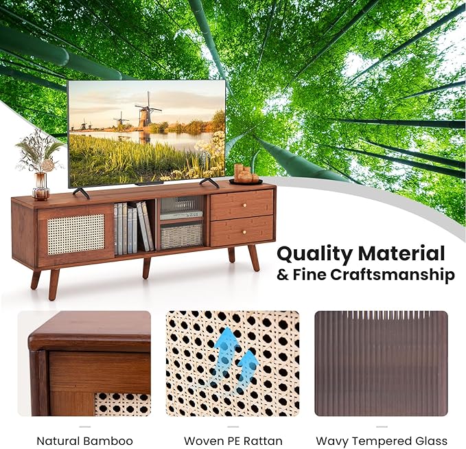 Giantex Mid Century Modern TV Stand for TVs up to 65", Wood Entertainment Center with Open Storage Shelves, PE Rattan Sliding Doors & Drawers, Media TV Console Table for Living Room (Walnut)