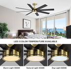 WINGBO 72" Large DC Ceiling Fans with Lights and Remote, 3 Downrods, 8 Plywood Blades, 6-Speeds Reversible DC Motor, 3CCT, Indoor Ceiling Fan for Bedroom Living Room Patio, Brass and Black