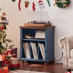 Joaxswe Record Player Stand with Charging Station Up to 200 Albums, 24" Wide Mid-Century Record Player Table with Vinyl Record Storage,Large Wood Turntable Stand Dispaly Cabinet for Living Room,Blue