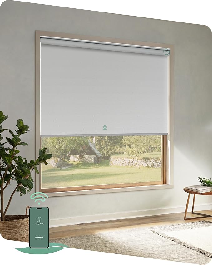 Yoolax Motorized Blinds App Control, Blackout Roller Shades for Windows, Cordless Automatic Shades Roller Window Blinds for Bedroom Living Room Office (Blackout Alpine White, 35" W x 72" H)