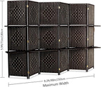 Bonnlo Upgraded Heavy Duty 6FT Tall Rattan Room Divider Screens with Partition Wall 2 Display Shelves, Indoor Folding Screen Dual-Sided Hinges for Home Office (6 Panels)