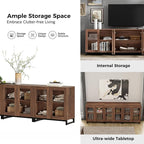 WAMPAT Modern TV Stand with Glass Doors for 110 inch TVs, Farmhouse Entertainment Center TV Console with Adjustable Shelves for Living Room, Bedroom, Brown