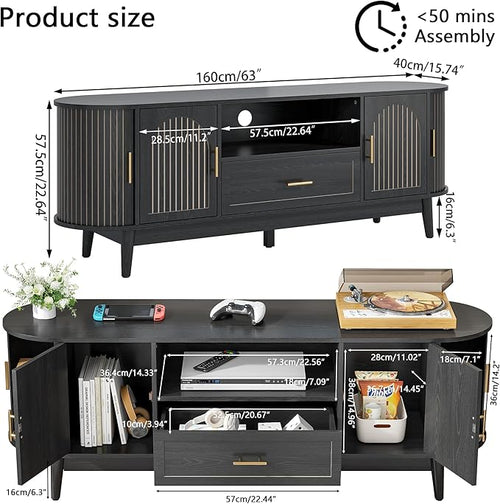 63" Fluted TV Stand for Tvs up to 70", Mid-Century Modern Entertainment Center with Drawers and Fluted Doors, Curved TV Media Console Table with Sliding Doors for Living Room, Bedroom (63" Black)