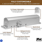 Finsbury Commercial Door Closer Automatic Heavy Duty High Traffic Adjustable ANSI/BHMA Grade 1, UL Listed ADA Compliant Hydraulic Backcheck Delayed Action Latch Speed 1-6 Power (Aluminum)