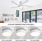 WINGBO 48 Inch Flush Mount DC Ceiling Fan with Lights and Remote, 5 Reversible Carved Wood Blades, 6-Speed Noiseless DC Motor, Hugger Ceiling Fan in White Finish, Low Profile Ceiling Fans, ETL Listed