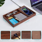 Valet Tray, Built in Wireless Charging Pad, Nightstand Organizer, Dresser Organizer, Mens Jewelry Box, Valet Charging Station, Faux Leather Valet Tray for Men and Women, Brown