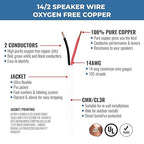 14/2 Audio Speaker Wire Cable, 14AWG/2-Conductor, UL Listed, CMR/CL3R, (Riser/in-Wall & Outdoor/In-Ground (Direct Burial)- 100% Oxygen Free Pure Bare Copper (OFC), 500ft Bulk Cable (105 Strands)
