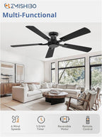 ZMISHIBO 52 Inch Ceiling Fan No Light, Flush Mount Low Profile, Modern Black Ceiling Fan Without Light, Remote Control & Quiet DC Motor, for Indoor&Outdoor, Bedroom, Living Room