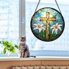 DASTOLL Christian Gifts for Women - Cross Stained Glass Window Hanging Jesus Easter White Lily Flower Sun Catcher Garden Religion Decor Mother's Day Catholic Gift for Men Grandma Mom Her Nana 9.8"
