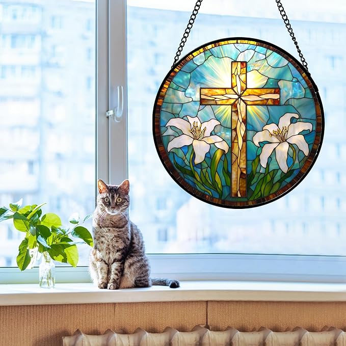 DASTOLL Christian Gifts for Women - Cross Stained Glass Window Hanging Jesus Easter White Lily Flower Sun Catcher Garden Religion Decor Mother's Day Catholic Gift for Men Grandma Mom Her Nana 6.3"