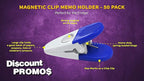 50 Magnetic Memo Holders Set - Customizable Text, Logo - Large Clip, Plastic - White Blue
