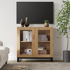 WAMPAT Modern TV Stand with Glass Doors for 32-40 inch TVs, Entertainment Center Console with Adjustable Shelves for Living Room, Bedroom, Oak