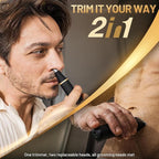 Electric Body Trimmer for Men, IPX7 Waterproof Groin and Pubic Hair Shaver, 2 in 1 Dual Head Grooming Kit for Beard Nose Ear, Cordless Rechargeable with Charging Dock, Ceramic Blades, Painless Trim