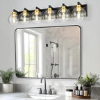 METWET Bathroom Light Fixtures, 6-Light Black and Gold Bathroom Vanity Light, 38 Inch Modern Wall Sconces with Globe Clear Glass Shade, Vanity Lighting Fixtures Over Mirror, VL195-KG-6