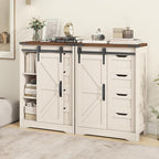 Farmhouse Bathroom Storage Cabinet, Bathroom Cabinet with 4 Drawers and Sliding Door, Farmhouse Floor Storage Organizer for Kitchen, Living Room, Rustic Style, White
