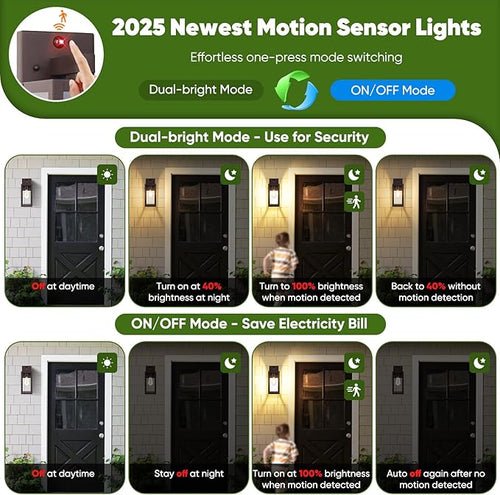 2-Pack Upgraded Motion Sensor Outdoor Wall Lights, 13” Dusk to Dawn Porch Lights Outdoor Wall Sconce Lanterns, 3 Lighting Modes Exterior Lighting Fixtures, Brown Outside Lights for House Patio Garage