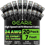 GEARit Cat 6 Ethernet Cable Pack - 20-Pack 7 ft Cat6 Ethernet Patch Cables | RJ45 Network Patch Cable, 10 Gbps Snagless Gold-Plated Connectors - Ethernet Cable Cat 6 for PC, TV, Router - Black