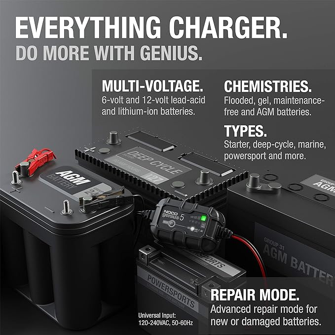 NOCO GENIUS5: 5A 6V/12V Smart Battery Charger – Automatic Maintainer, Trickle Charger & Desulfator with Overcharge Protection & Temperature Compensation – for Lead-Acid & Lithium Batteries