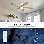 WINGBO 48 Inch Flush Mount DC Ceiling Fan with Lights and Remote, 5 Reversible Carved Wood Blades, 6-Speed Noiseless DC Motor, Hugger Ceiling Fan in White Finish with Oak Blades, ETL Listed
