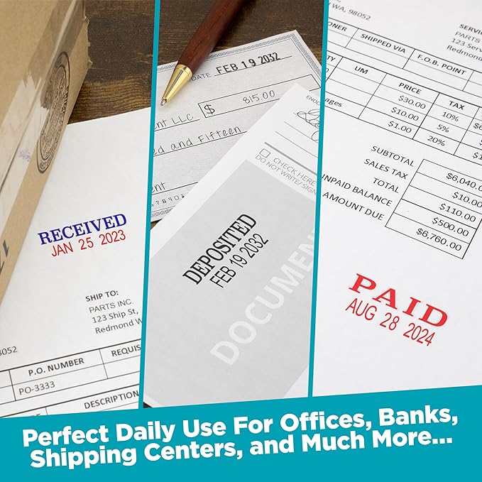 MaxMark Self-Inking Rubber Date Office Stamp with DEPOSITED Phrase Blue Ink & Date RED Ink (Max Dater II), 12-Year Band