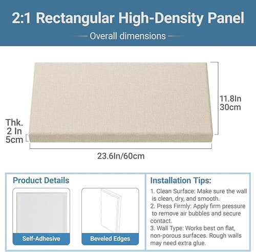 4 Pack High-Density Core with Fabric Cover Acoustic Panels – 24×12×2 In Self-Adhesive Soundproofing and Sound-Absorbing Wall Panels for Echo Reduction in Studio, Theater, or Recording (Cocoa Beige)