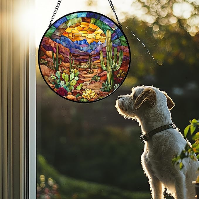 CRISGIF Stained Glass Window Hanging Cactus Mountains Landscape 7.8" - Suncatcher Door Garden Sunroom Sun Catcher Home Decor Birthday Christmas for Mom Men Woman Nana