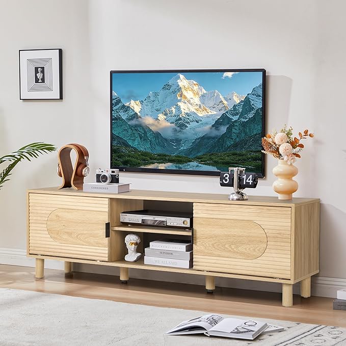 Bifins 63inch Wood TV Stand for Televisions up to 70 Inches,Mid Century Modern Entertainment Center TV Console Table with Storage and Shelf for Living Room Bedroom (Natural Oak)