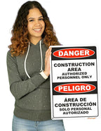 Brimar - 12" x 18" - Bilingual Danger Construction Area Authorized Only Sign - .063″ White Rust-Free Aluminum - Bold Text And Symbol - Easy Installation