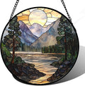 AMDERVEN Stained Glass Window Hanging, Sunset Mountains Lake Tree Sun Catcher for Window Home Decor Landscape Suncatcher Mother's Day Birthday Gifts for Women Men Mom and Nana 15 in