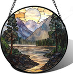 AMDERVEN Stained Glass Window Hanging, Sunset Mountains Lake Tree Sun Catcher for Window Home Decor Landscape Suncatcher Mother's Day Birthday Gifts for Women Men Mom and Nana 11.8 in