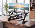 HUANUO 36" Z Shaped Stable Standing Desk Converter, Height Adjustable Sit Stand Up Desk Riser, Dual Monitor and Laptop Workstation with Wide Keyboard Tray, Desk Lifter for Home Office
