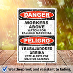 Brimar - 10" x 14" - Bilingual Workers Above Watch For Falling Material Sign - .055″ Polyethylene Plastic - Bold Text And Symbol - Easy Installation