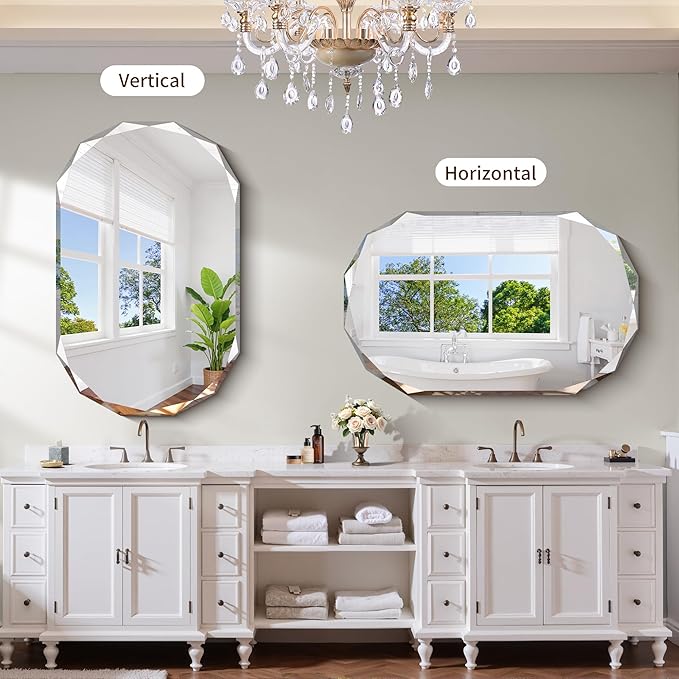 GLASHOM Frameless Bathroom Mirror, 30x48 inch Beveled Bathroom Mirror Wall Mounted, Modern Frameless Mirror for Bathroom, Living Room, Entryway Mirror Horizontal or Vertical