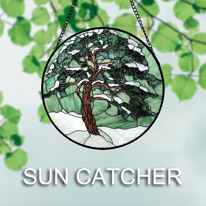 AMDERVEN Stained Glass Window Hanging 4 Pcs Set Forest Green Trees Winter Snow 6.3" - Suncatcher Door Garden Sun Catcher Home Decor Birthday Mother's Day for Woman Nana Mom Men