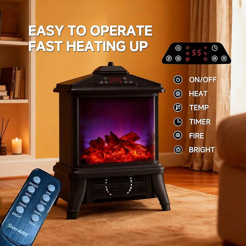 18-inch Freestanding Electric Fireplace, Equipped with 1500W/1650W Electric Wood Fireplace Flame Effect, Featuring Realistic Flames, 3-Second Quick Heating, Remote Control, and Adjustable Lighting