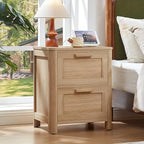 Joaxswe Farmhouse Nightstand Set of 2 with Charging Station, End Tables Bedroom with 2 Large Drawers & 4 Thickened Table Legs, Natural Wood