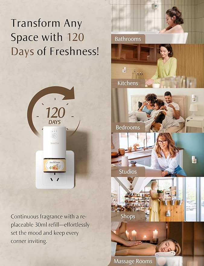 SF101 Pro Waterless Essential Oil Diffuser, Plug in Aromatherapy Diffuser & Non-Toxic air Freshener, 120-Day Natural Aroma Mist, Covers 1000 Sq Ft- Free 30ml Australian Sandalwood