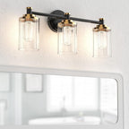 PHIXART Bathroom Lighting Fixtures Black and Gold Bathroom Vanity Light with Cylindrical Clear Stripes Glass Lampshade E26 Socket Base Bathroom Lighting Fixtures Over Mirror (3 Lights)