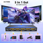 ALYYDBG 8k@60Hz HDMI 2.1 Switch 5 in 1 Out Supports 4K@120Hz HDR10+ HDCP 2.3 VRR, HDMI Switch Compatible with PS4/5 Xbox Nienteen Swtich Roku Fire Stick Apple TV to Connect Your TV Monitor Projector
