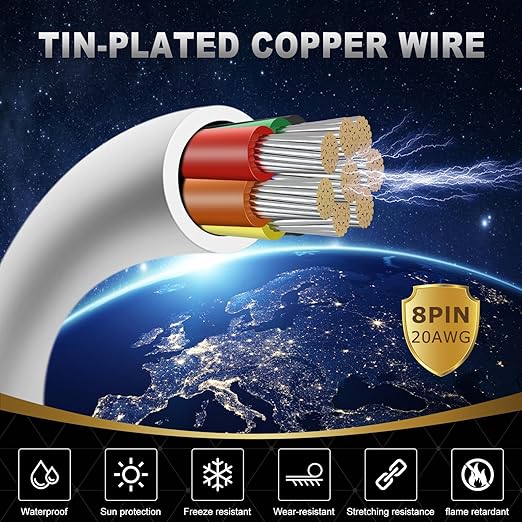 20 Gauge 8 Conductor Electrical Wire, 32.8FT White Stranded Low Voltage 20/8 PVC Case, 20 AWG Tinned Copper 8 Wire Extension Power for Strips LED Lamp Lighting
