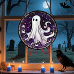 DASTOLL Stained Glass Window Hanging - Halloween Decorations White Ghost Purple Stars Suncatcher for Doors Garden Spooky Funny Sun Catchers Gothic Decor Horror Gifts for Women Men Friend 9.8 in